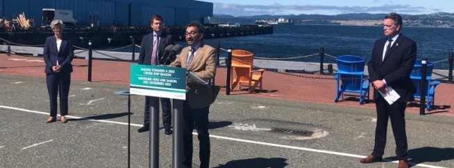 Federal Transport Minister Omar Alghabra makes an announcement about the end of a prohibition on cruise ships in Canadian waters on Thursday